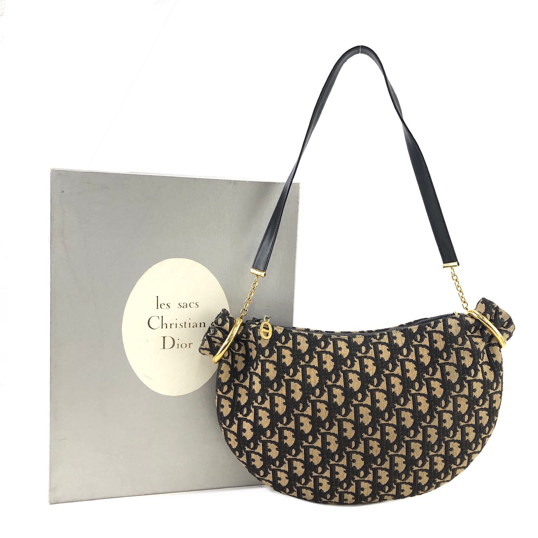 Christian Dior Trotter Jacquard Leather Shoulder bag Hobobag Navy