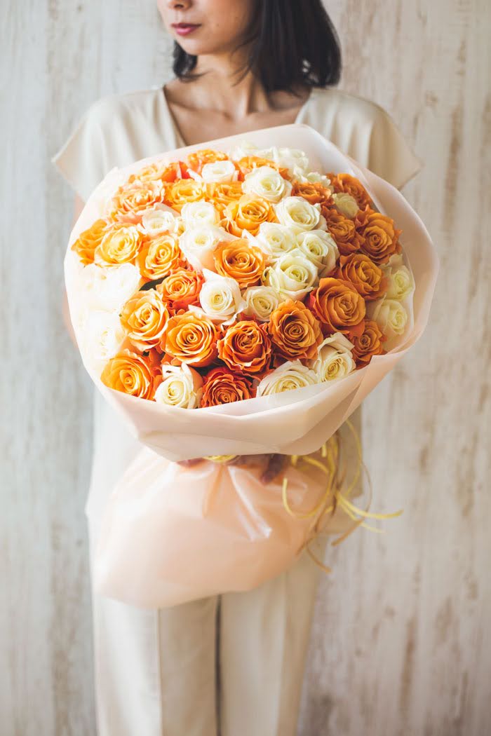 花束 ローズブーケ バラ 50本クロス #1405 size:120 ORN×WHT