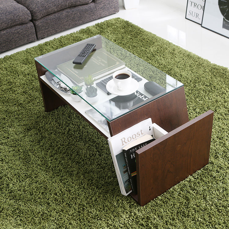 ローテーブル(ブラウン)ガラス天板でサイド収納付きのコンパクトサイズ