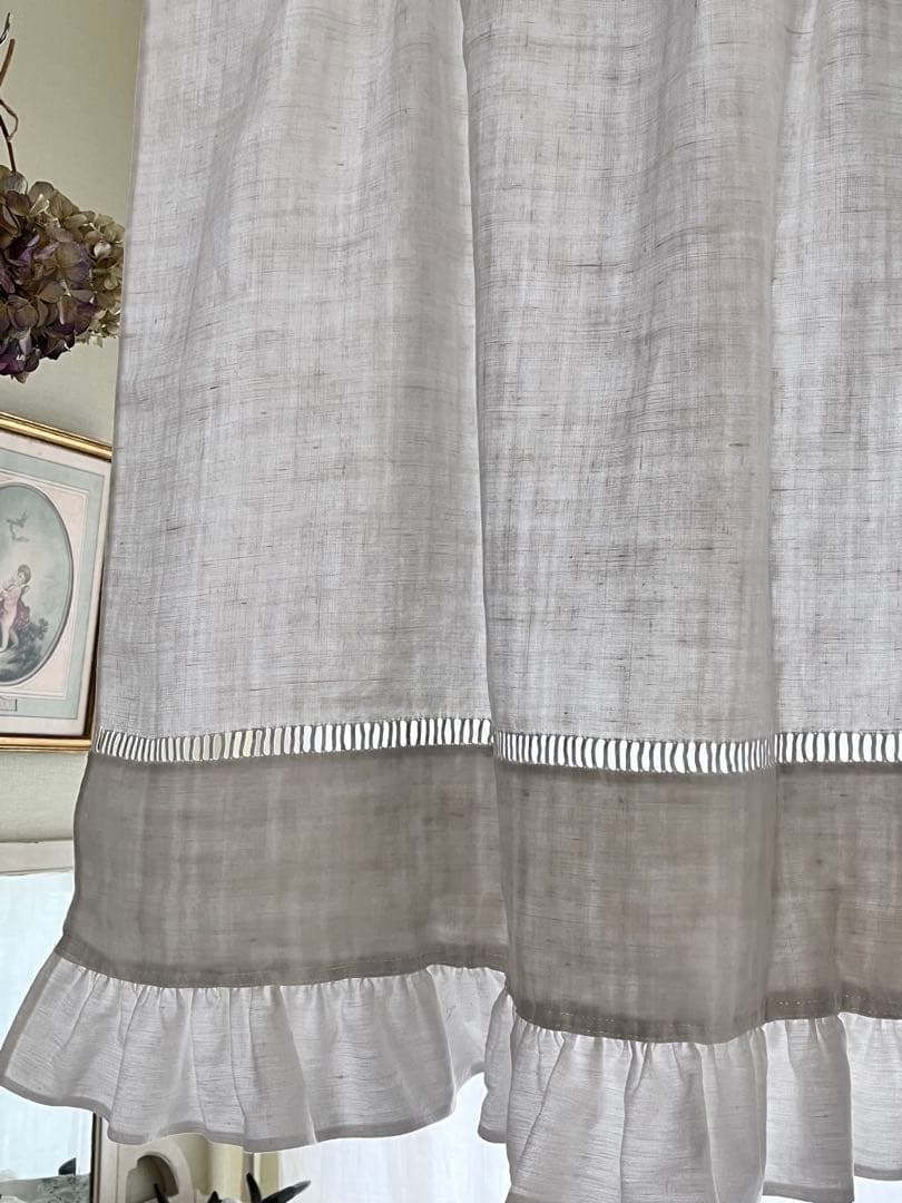 美品】フランスアンティーク BR手刺繍 ホワイトフリルカフェカーテン