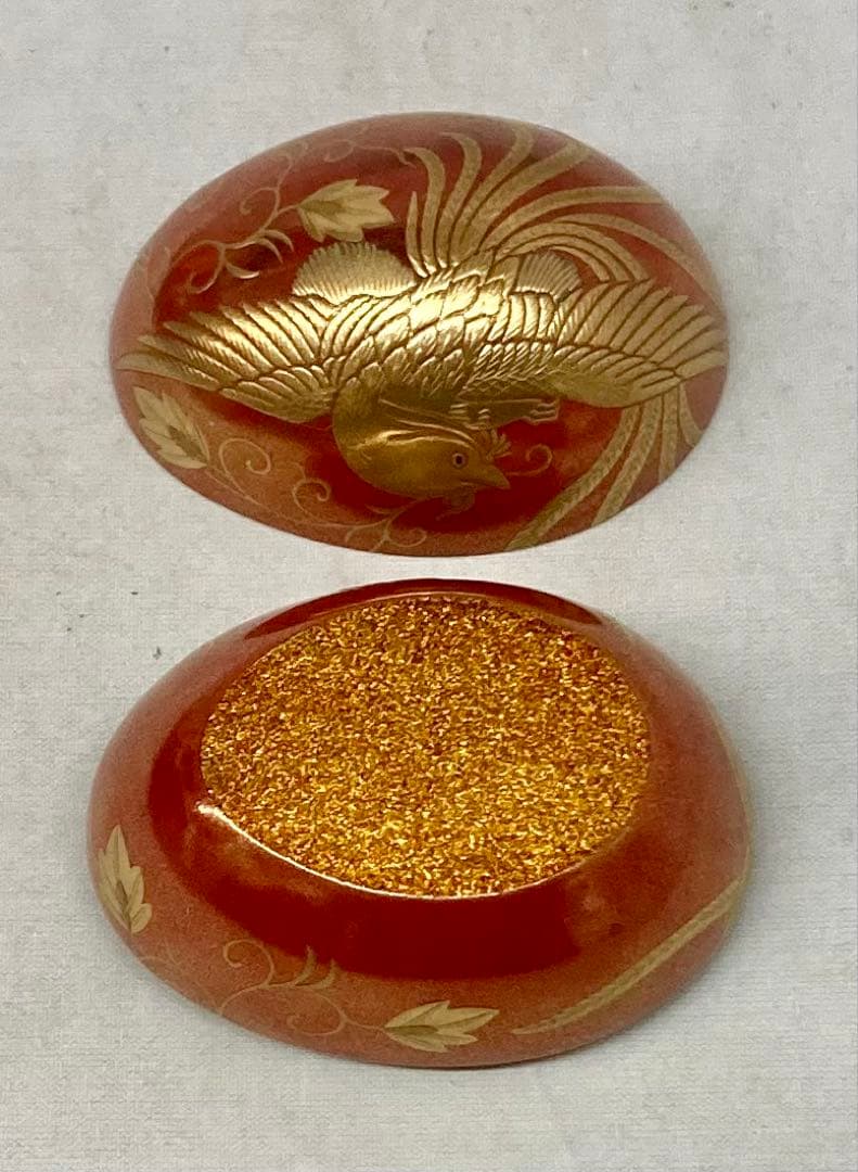 B553b「鳳凰 香合」他喜翁作 共箱 朱漆塗 金蒔絵 金梨地 畦地