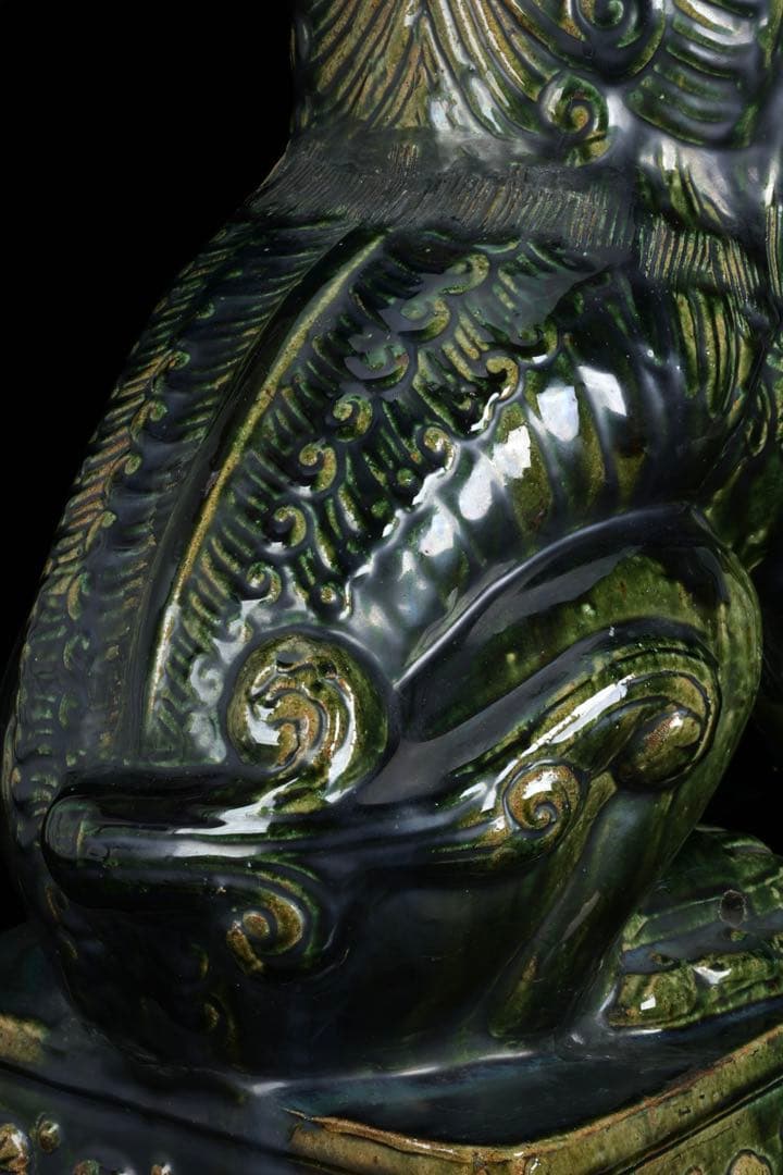 中国古玩 緑釉 獅子像 狛犬 フー犬 フードッグ 古陶磁器 大型62㎝ 古
