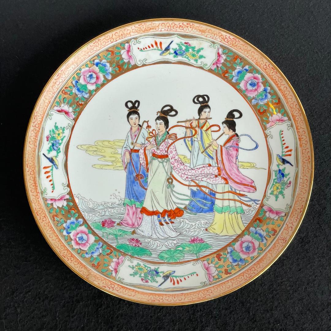 中国 廣彩 4人 天女 飾皿 色絵 絵皿 大皿 骨董 美術 芸術 置物 中華