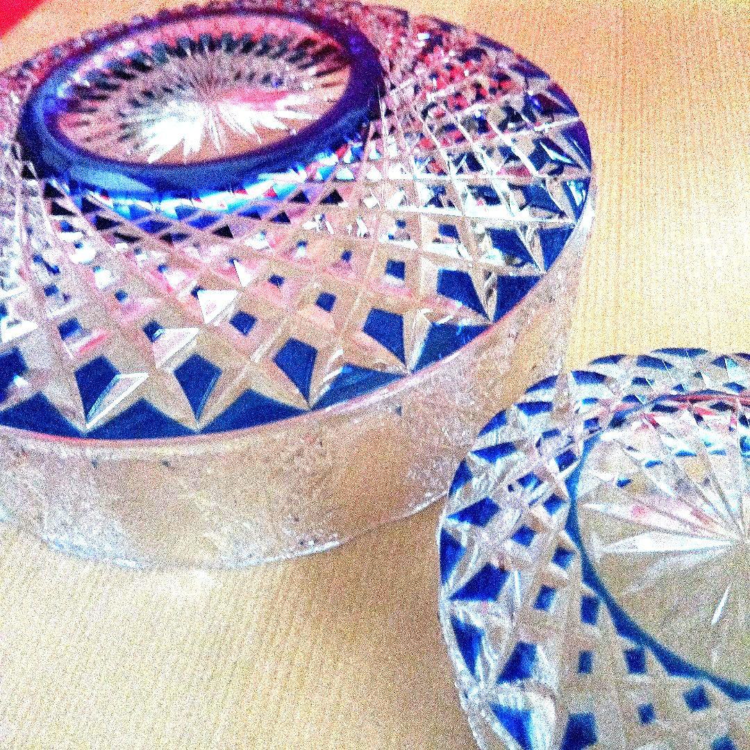 保谷クリスタル瑠璃被切子向付　十客