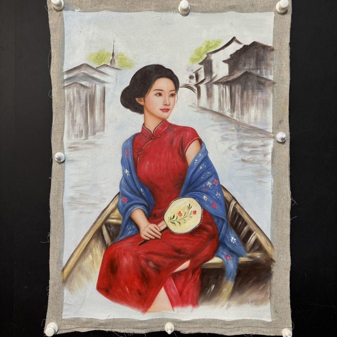 純手描き 水彩油画 人物画 冷军 作品図 中国絵画 約70×100cm 未表装