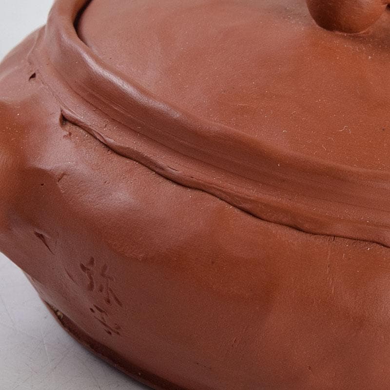 tatsu 　朱泥　獅子摘　手捻文様　茶注　急須　共布共箱　M　R9528