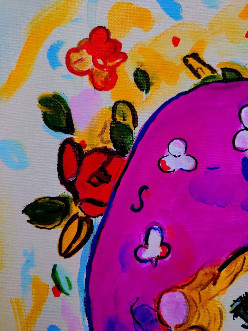 F6号】水森亜土 手描き作品/表裏サイン・裏描き有/油彩/アクリル/額縁