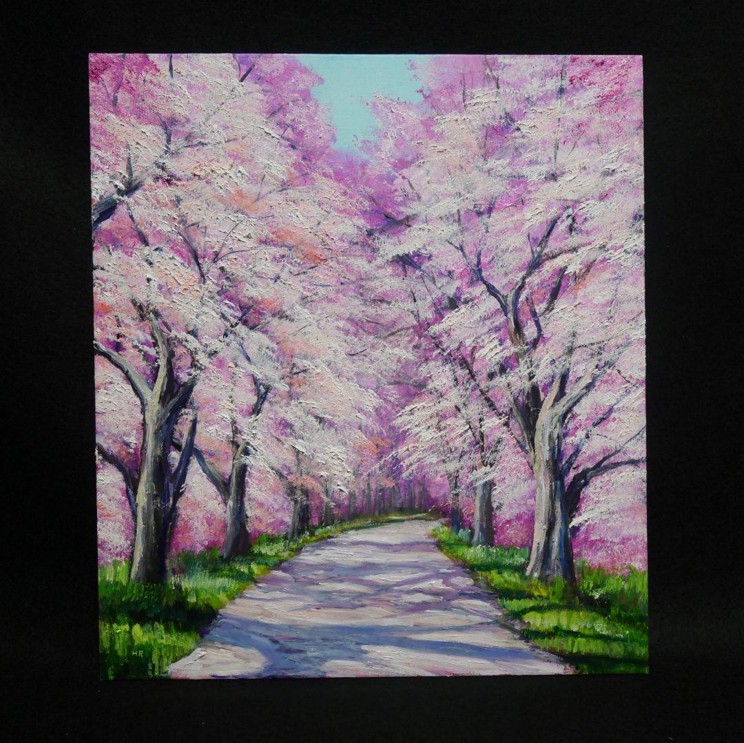 油絵 絵画【満開の桜のトンネル】原画 額縁付き 春の風景画 ギフトにも