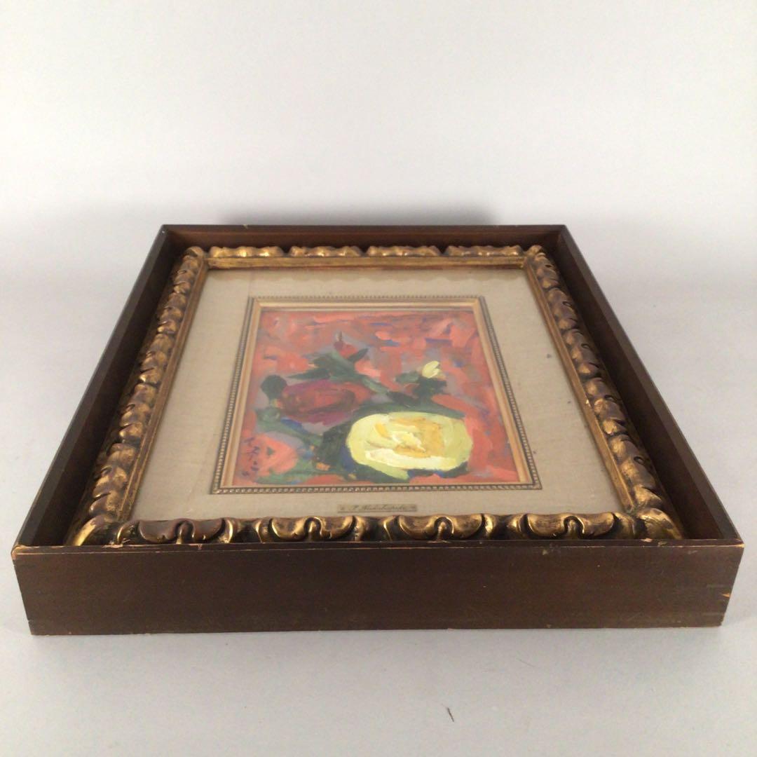 No3474 額装中畠一宇油彩画「バラ」5号直筆サイン裏書有送料無料