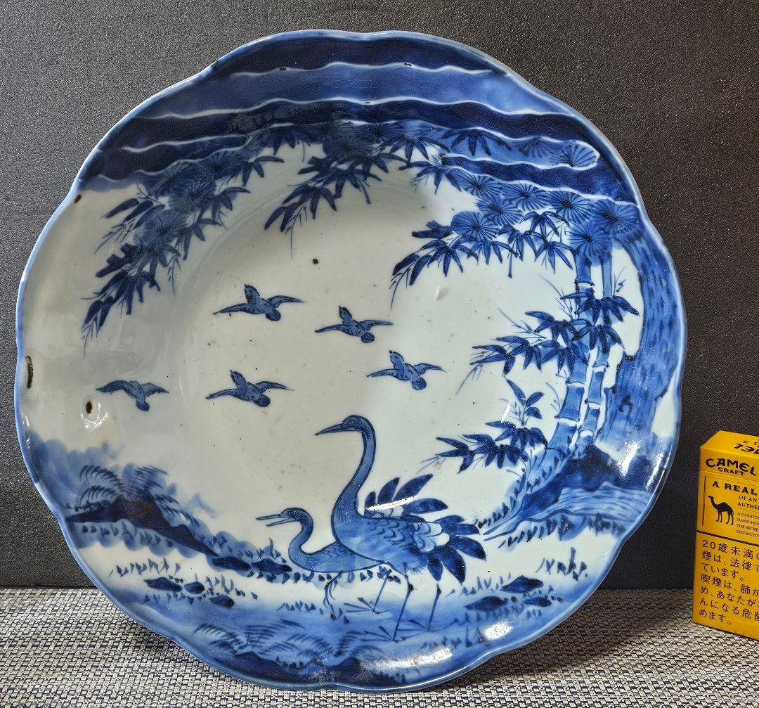 江戸時代後期　古伊万里　染付　鶴に小鳥に 松竹の図　27.8cm　大鉢　盛り器