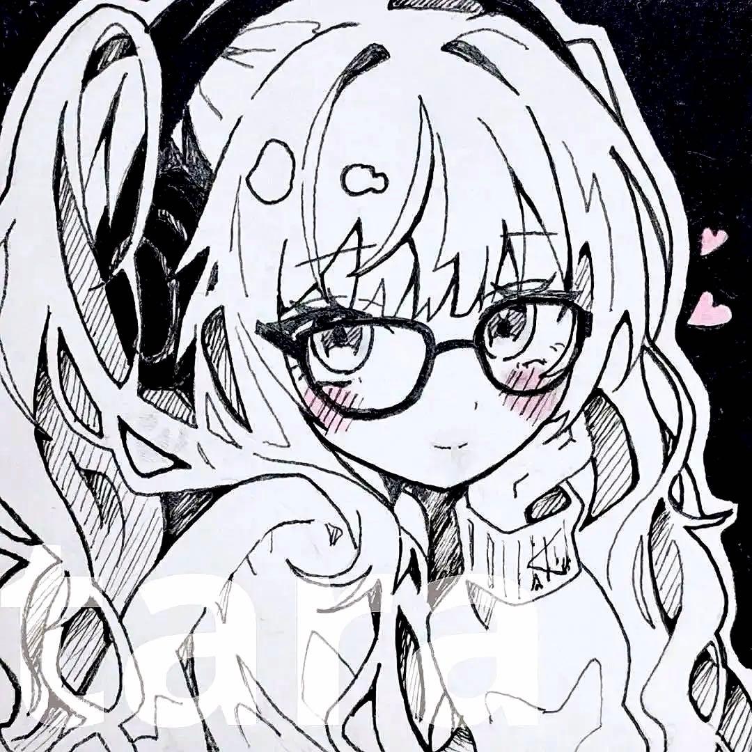 手描き イラスト オリジナル アナログ 色紙 ツインテール メガネ