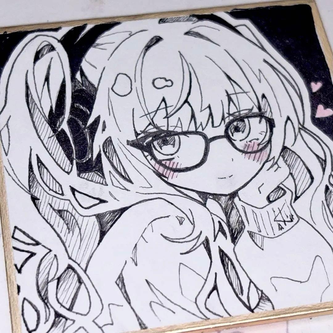 手描き イラスト オリジナル アナログ 色紙 ツインテール メガネ