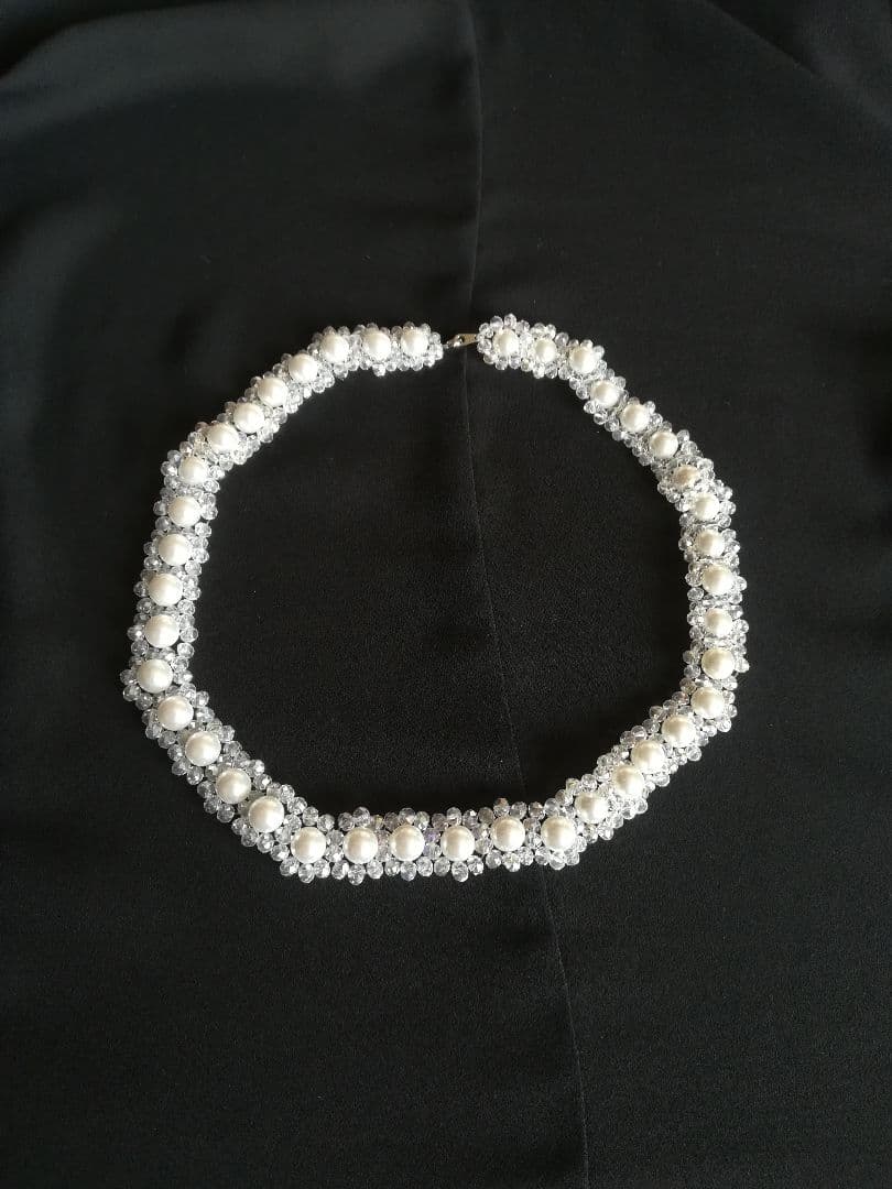 ラッピング無料☆ガラスの花飾り  クリスタル×パール ウェディングネックレス ラッピング無料☆ガラスの花飾り クリスタル×パール ウェディング