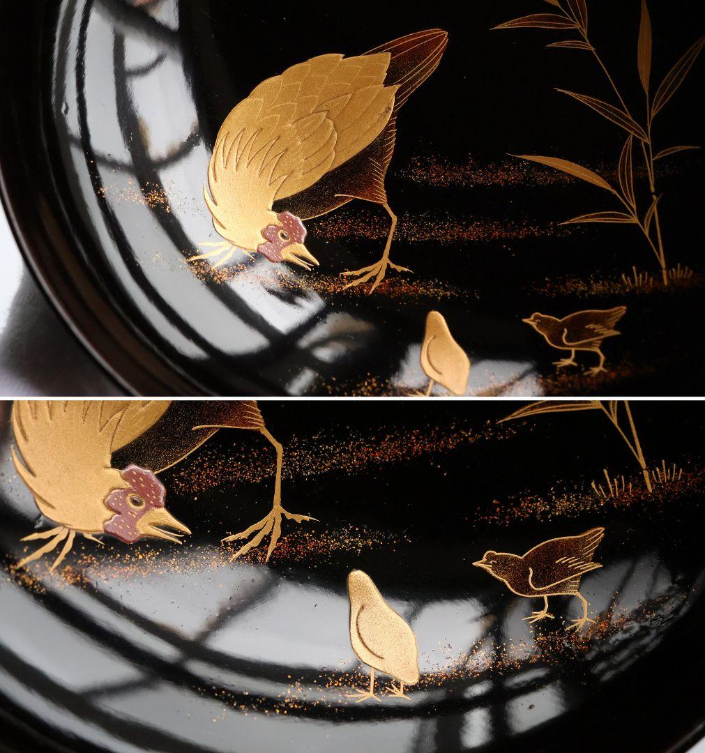 CM353】時代蒔絵椀 竹に鶏金蒔絵 平椀三客 木製 /(検) 輪島塗加賀能登