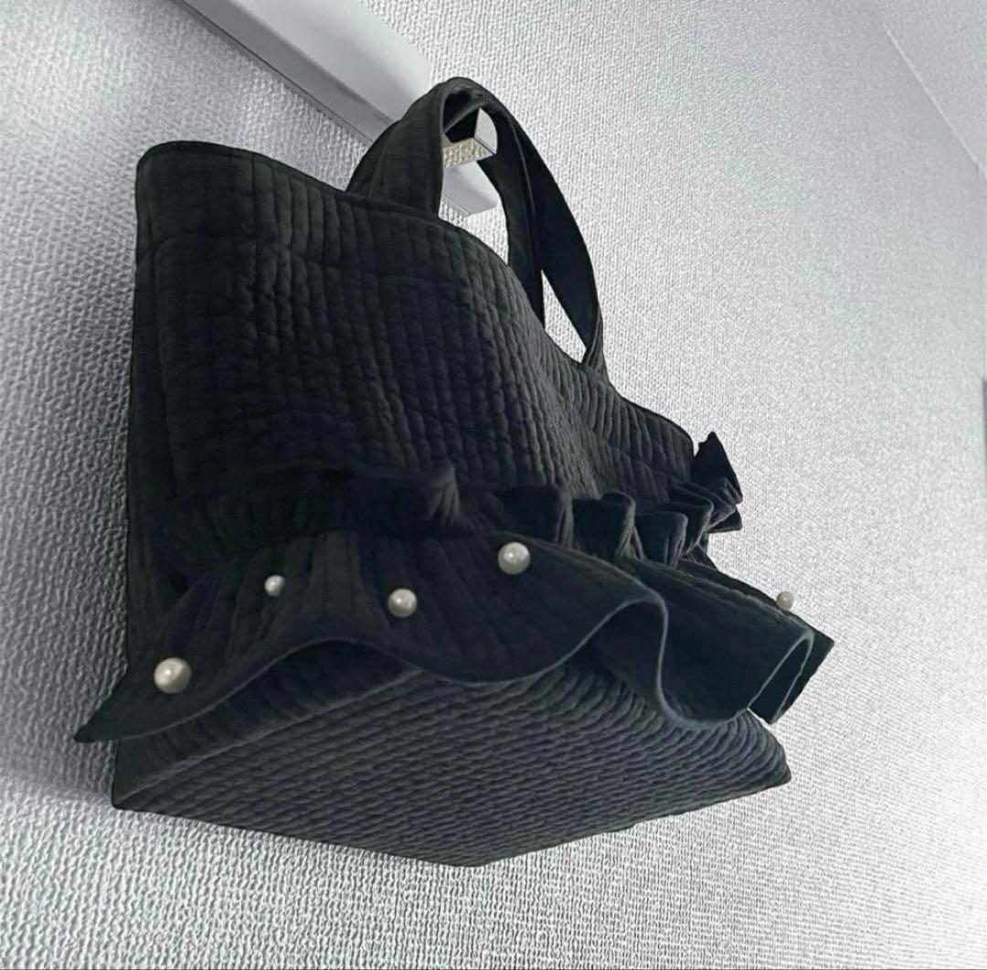 新作♡ヌビバッグ フリルギャザー ブラック パール 底板マグネット付き