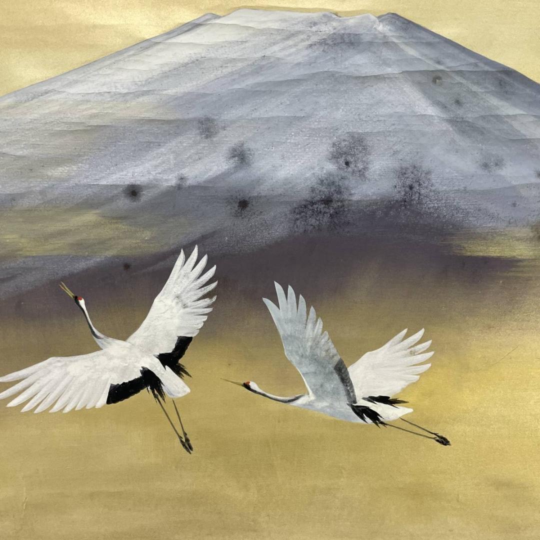 真作/川村憲邦/富士舞鶴図/鶴/花鳥/瑞祥/桐共二重箱付/布袋屋掛軸A-231 真作/川村憲邦/富士舞鶴図/鶴/花鳥/瑞祥/桐共二重箱付/