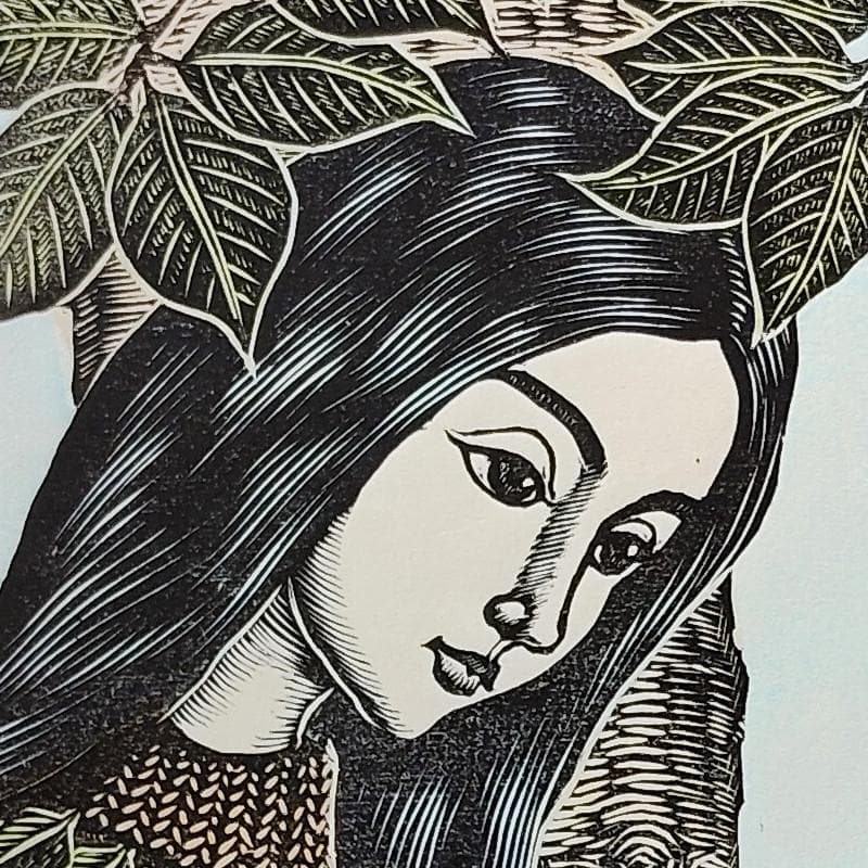 ☆手島圭三郎☆「ふくろうと少女、花」木版画 全紙サイズ 未使用額