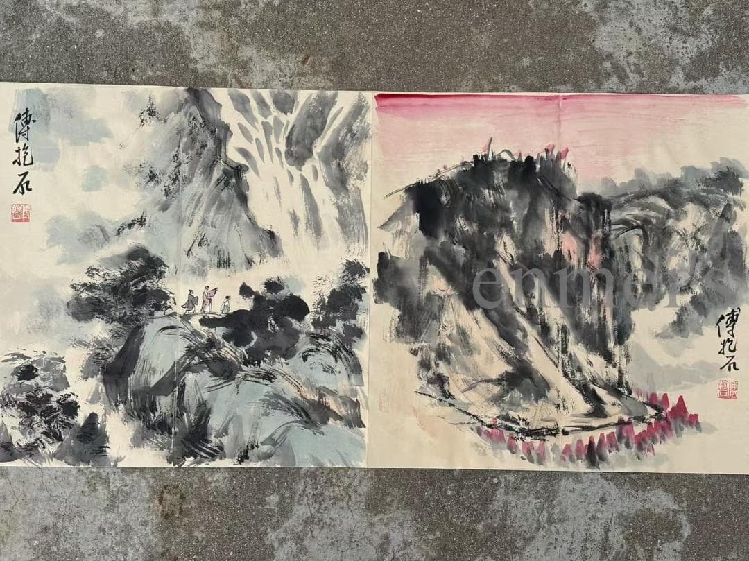 中国古美術 傅抱石作款 水墨画 長巻 自然風景 手描き 冊頁 7開