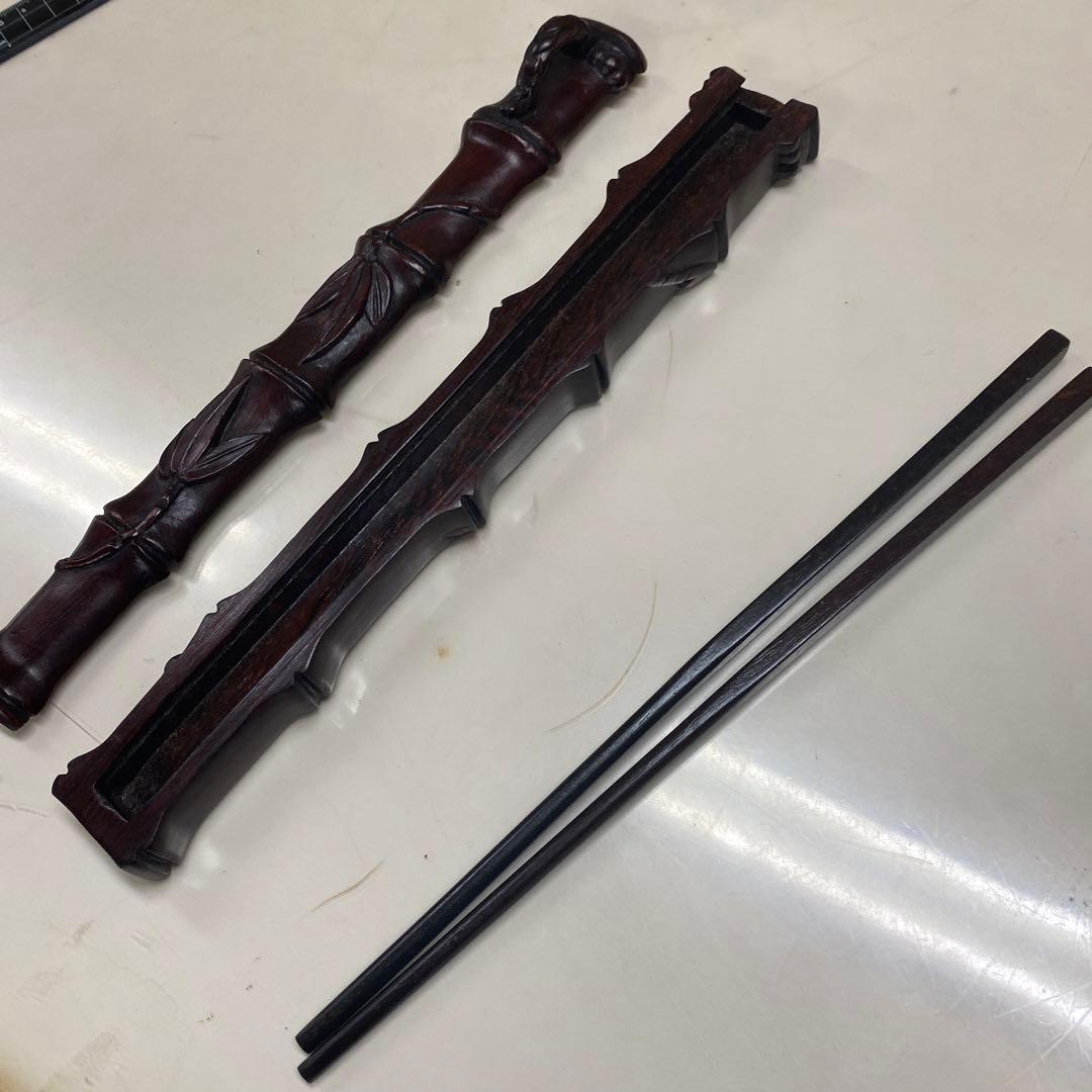 漆器喰籠箸箱黒檀中国美術骨董アンティーク夫婦箸龍木彫-kanademono