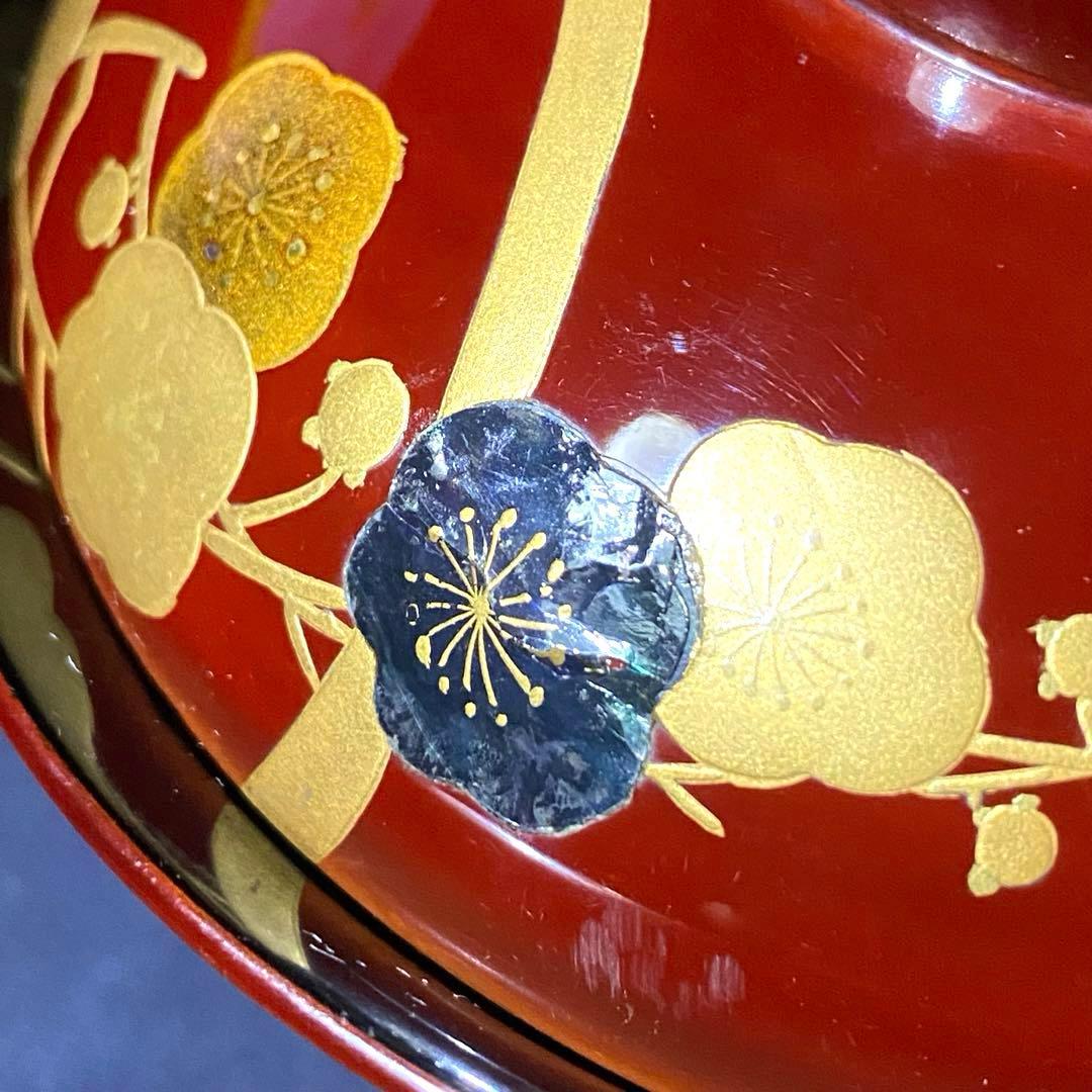 大正時代物骨董 天然木製漆器椀 梅柄金蒔絵・螺鈿 外朱内黒