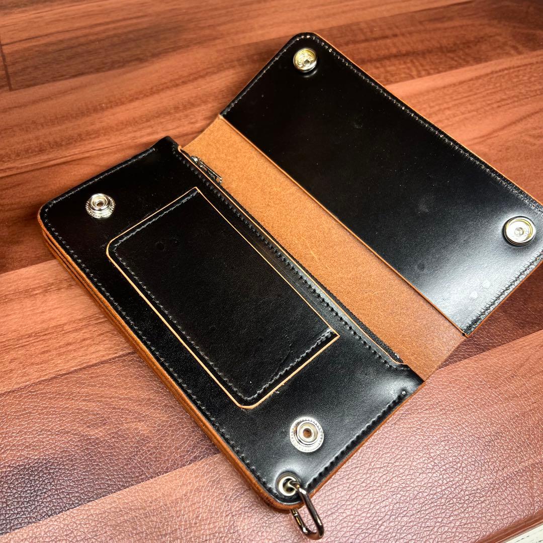 トラッカーウォレット ロング 3層】 北米ステア ブラック 茶芯 シルバー