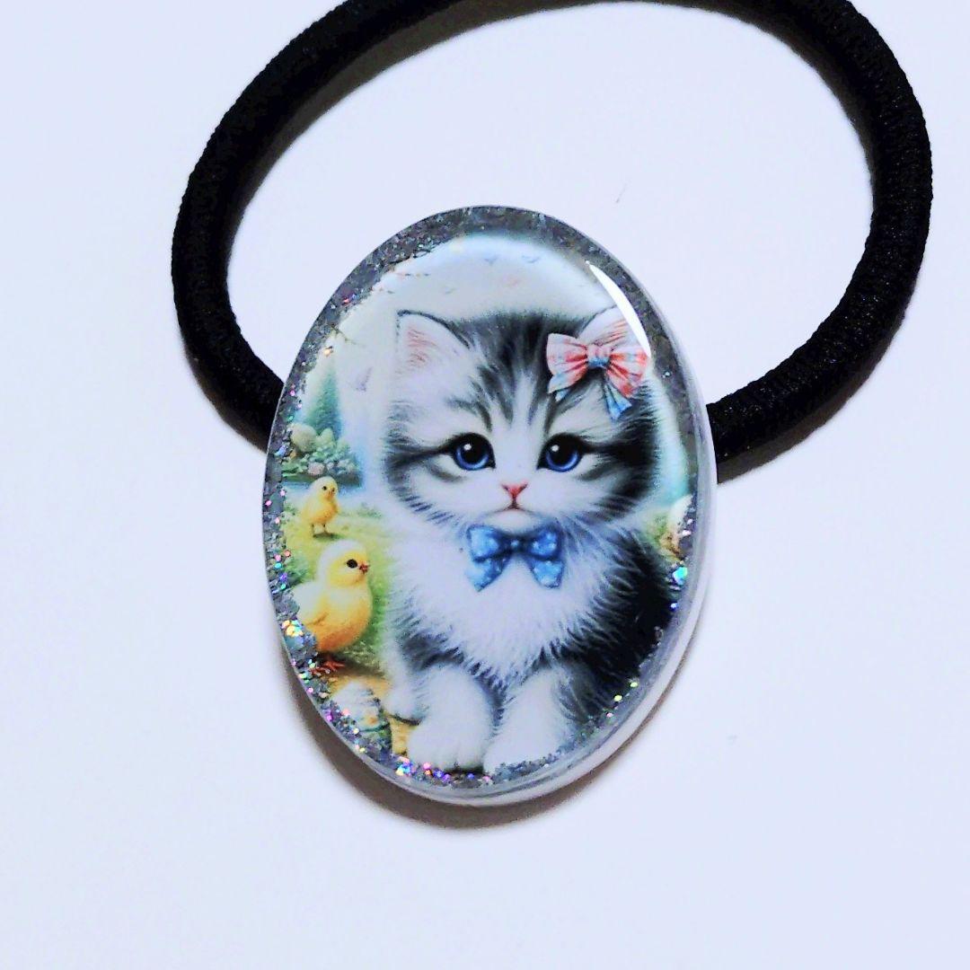 レジン猫手書きヘアゴムブローチポニーフックNo.237