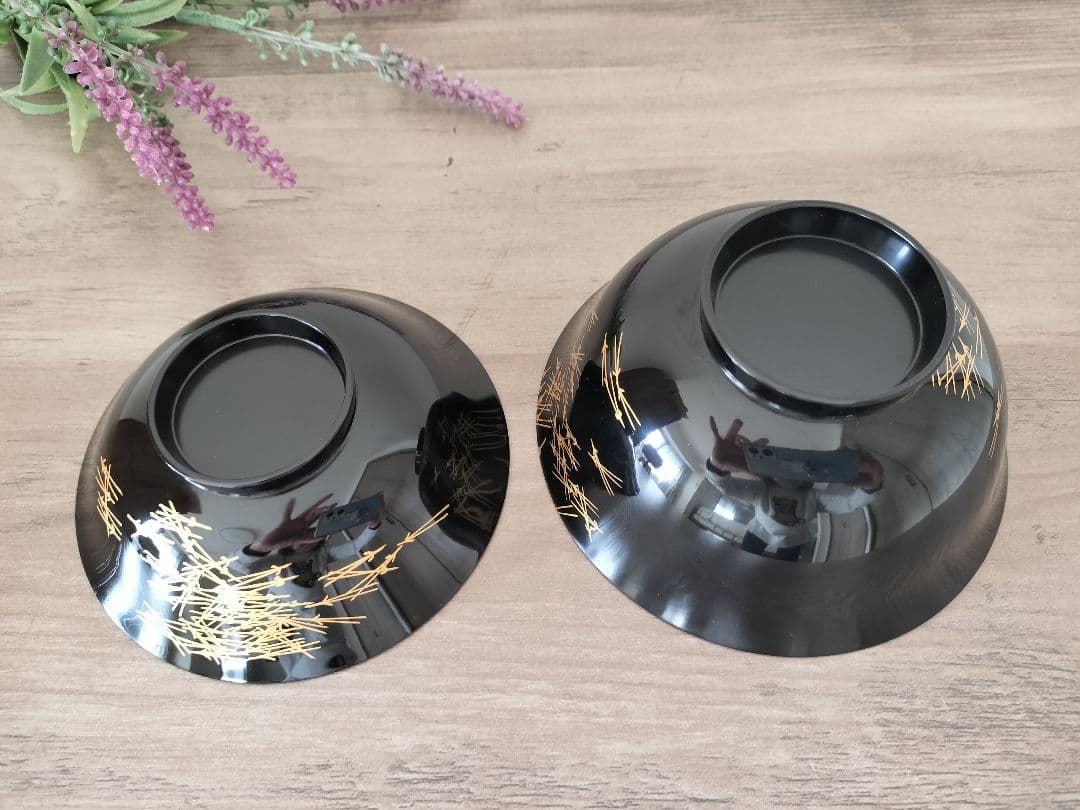 輪島塗 黒色漆器 蓋付汁椀 5客セット 松葉 金彩模様 桐箱付き